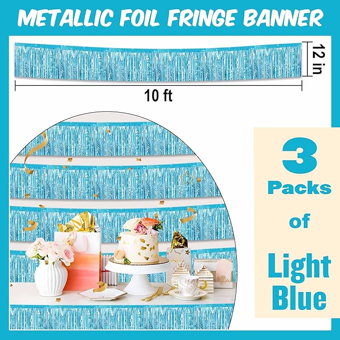 3 Pack 10 Ft Light Blue Foil Fringe Garland Metallic Streamers Tinsel Banner Wall Hanging Garland Backdrop for Parade Floats, Halloween, Christmas, Thanksgiving, New Year Party Decorations