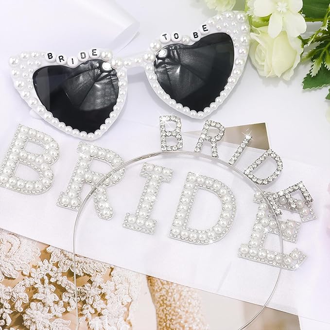Bride To Be 3-Piece Set - Rhinestone BRIDE Headband, Pearl Heart Sunglasses & Rhinestone Sash for Bachelorette Party, Bridal Shower & Wedding Celebrations
