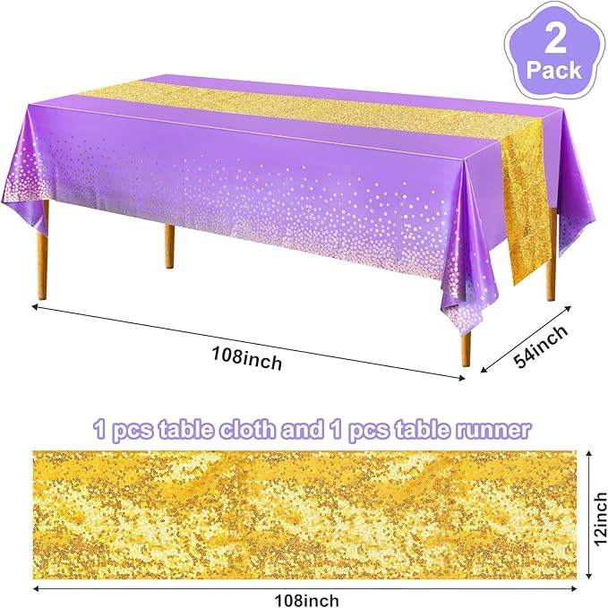 Irenare Tablecloth and Sequin Table Runner Set Polka Dots Confetti Table Cover Dining Plastic Tablecloths Glitter Decorations for Birthday Wedding Anniversary Party Supplies(Purple, Gold,2 Pcs)