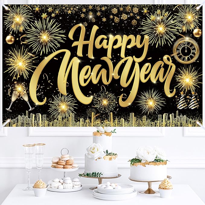 Famoby Happy New Year Fabric Sign Poster Banner Backdrop with Pattern Firework Champagne for Photo Booth Background New Year Party Decorations Supplies