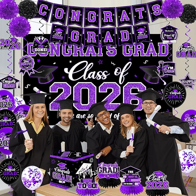 Graduation Decorations Class of 2026,Purple Graduation Decorations 2026- Congrats Grad Decorations Banner ＆ Hanging Swirls,Graduation Card Box,Paper Pompoms,Balloons,Porch Sign for College Grad Party