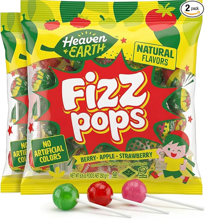 Heaven & Earth Berry, Apple, & Strawberry Fizz Pops (2 Pack - Approx. 76 Count) | All Natural Candy | Kosher | No Artificial Colors | Fun Fizzy Center | Bulk Pack for Parties & Goodie Bags