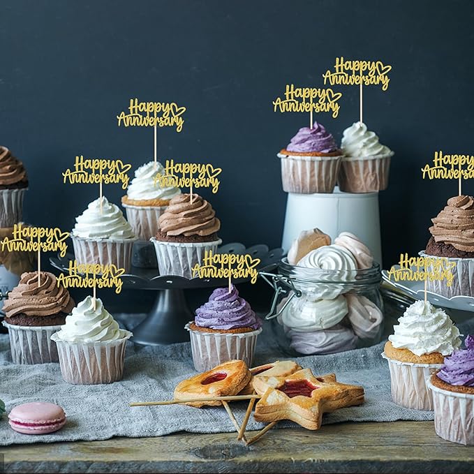 24 PCS Happy Anniversary Cupcake Toppers Glitter Wedding Anniversary Cupcake Picks Baby Shower Birthday Wedding Anniversary Party Cake Decorations Supplies Gold