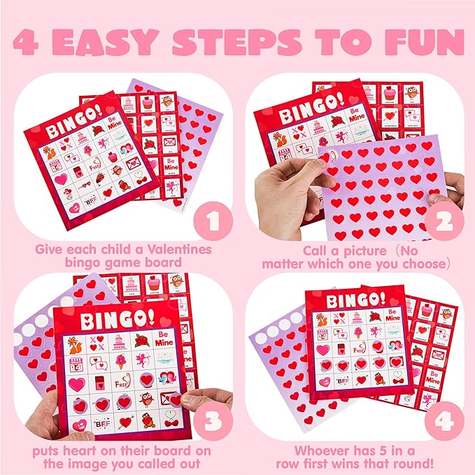 JOYIN Valentines Day Bingo Game Cards (5x5) – 28 Players for Kids Party Gift, School Classroom Love Supplies, Family Entertainment Activities
