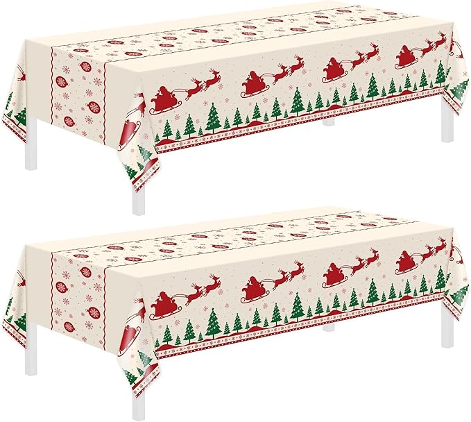 Childom Christmas Disposable Tablecloth,2 Pack Plastic Christmas Tablecloths for Rectangle Tables,54 x 108 Inch,Xmas Beige Reindeer Tablecloths for Xmas Table Decorations Indoor,Outdoor,Parties