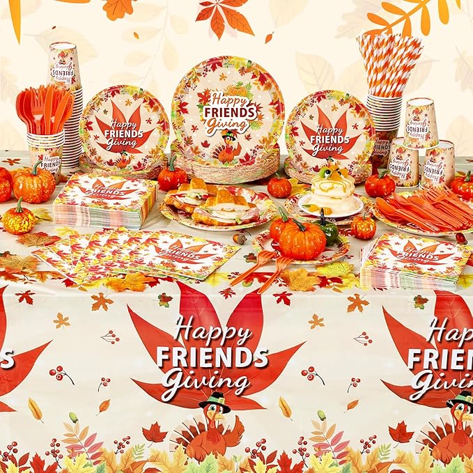 452 Pcs Happy Friendsgiving Party Decoration for 50, Fall Maple Leaf Friends Giving Paper Plates Napkins Cups Tablecloth Cutlery Straws for Autumn Friendsgiving Thanksgiving Party Supplies