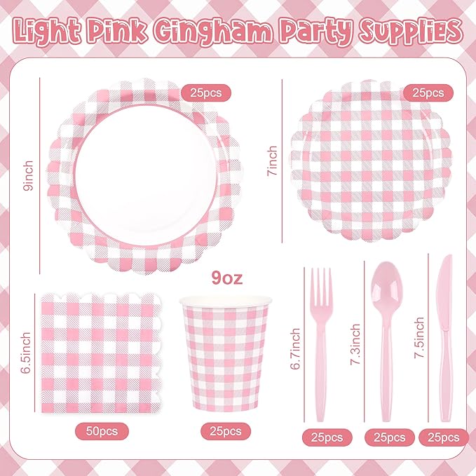 200 Pcs Light Pink Gingham Party Supplies Pink and White Scalloped Paper Plates and Napkins Cups Disposable Gingham Checkered Plaid Dessert Plates Tableware Set for Baby Shower Wedding BBQ