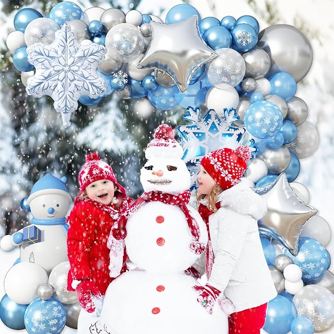 Snowflake Balloon Garland Arch Kit Winter Snowflake Balloons with Silver Blue White Snow Confetti Latex Balloon for Winter Wonderland Christmas Baby Shower Princess Birthday Party Decor