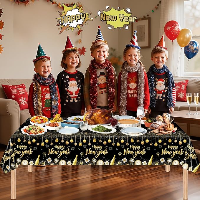 2 Pcs Happy New Years Tablecloth Plastic - Black Gold New Years Eve Party Supplies 2026 Table Cloth, Disposable Large Happy New Year Table Cover for 2026 New Year Party Tables Decorations, 54x108 Inch