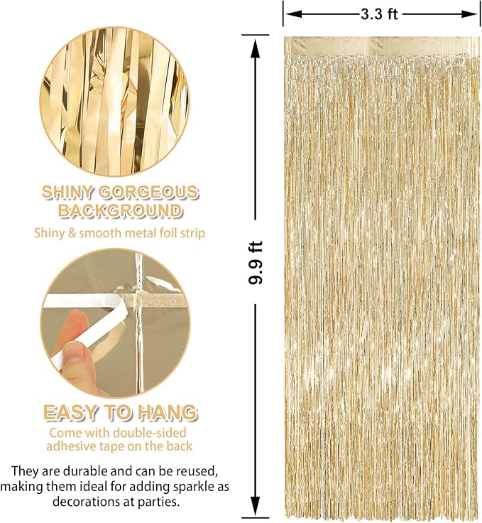 Crosize 2 Pack 3.3 x 9.9 ft Foil Fringe Curtains Party Decorations Champagne Gold,Tinsel Curtain Backdrop for Parties, Door Streamers, Glitter Streamer Backdrop for Birthday Decoration