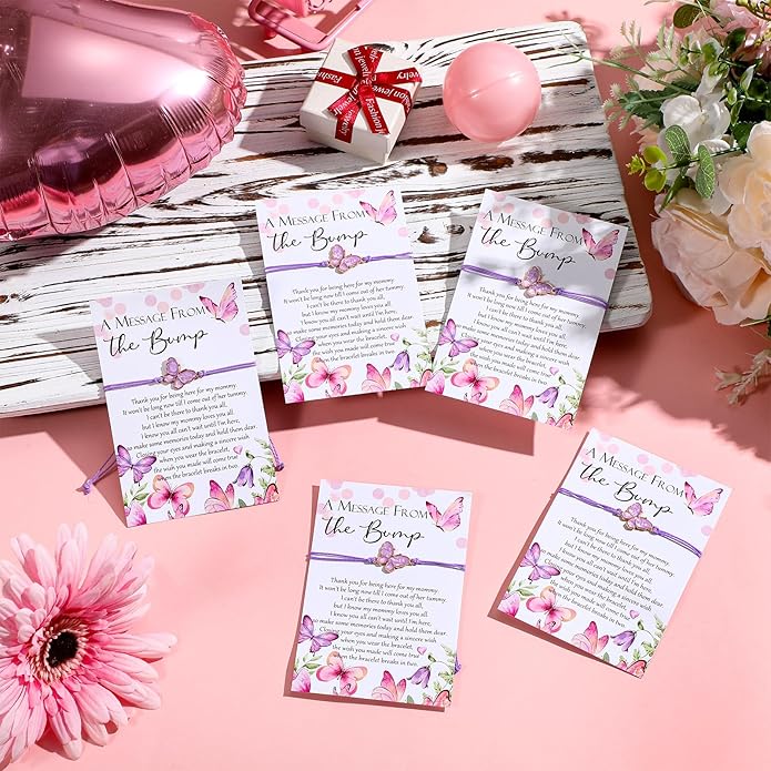 Ferreve Baby Shower Favors for Guests Bulk, 50 Pack Butterfly Wish Bracelets with “A Message from the Bump” Cards, Baby Shower Party Favors for Gender Reveal