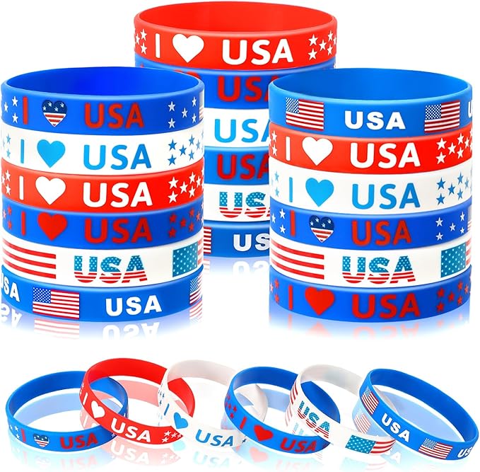 JUNEBRUSHS 42pcs 4th of July Party Favors Silicone Bracelets American Flag Red White and Blue Rubber Wristbands for Patriotic Independence Day Party Holiday Decorations Accessories Gift (6 Designs)