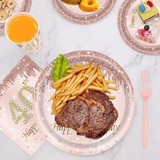 121Pcs 40th Birthday Party Supplies Plates Napkins Cups Forks Tablecloth Rose Gold Happy 40th Birthday Themed Disposable Tableware Decorations Serves 24 Guests for Women 40 Years (40th rose gold)