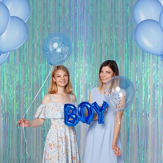 Melsan Iridescent Blue Fringe Backdrop Party Streamer Decorations - 3.2 x 6.5 ft Tinsel Backdrop Foil Curtains for Gender Reveal Under The Sea Ocean Theme Birthdays Parties - 2 Packs