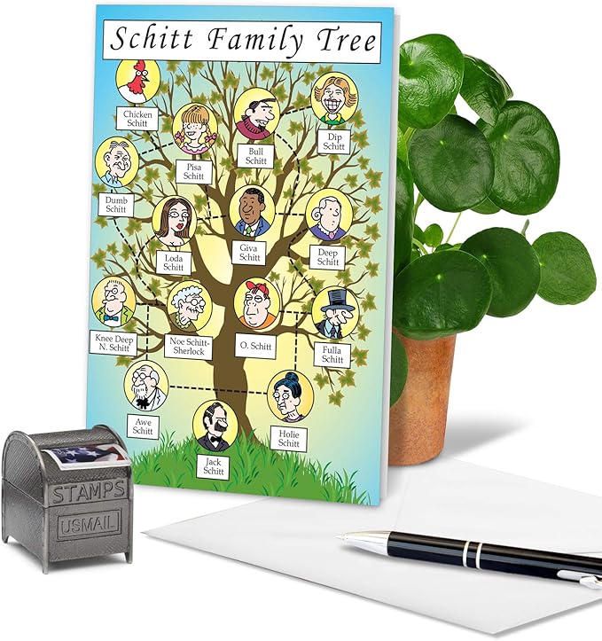 NobleWorks Schitt Family Tree - Hilarious Birthday Greeting Card with Envelope (4.63 x 6.75 inch) - Adult Humor, Appreciation Card for Family Birthdays - Funny Bday Gratitude Notecard Stationery 4250