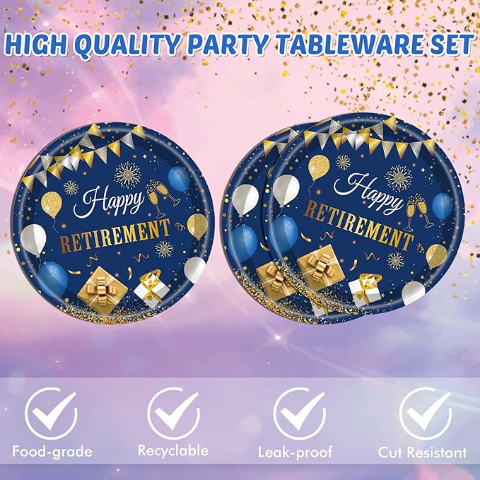 40 PCS Retirement Party Decorations Blue Gold Retirement Party Decorations Supplies Tableware Plates and Napkins for Woman Men Table Cloths Party Favors | Serve 20