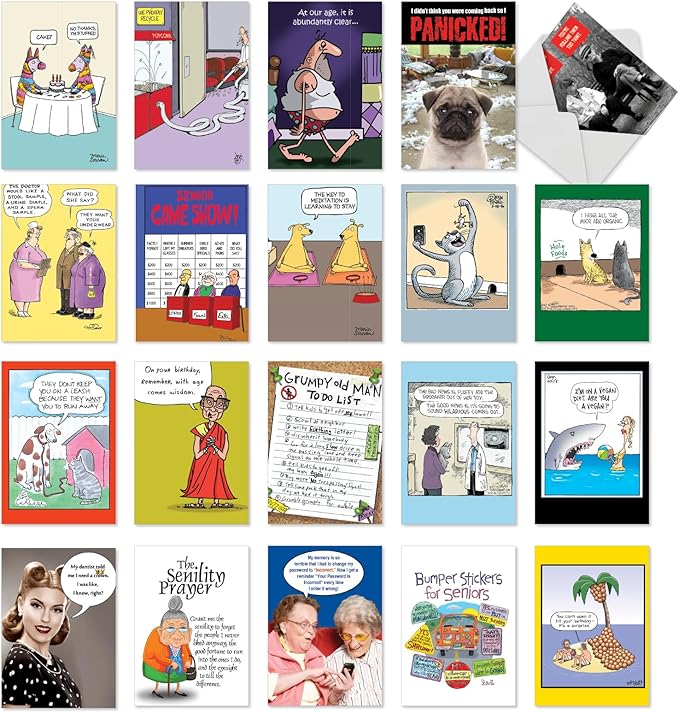 NobleWorks 20 Assorted Box Set Funny Birthday Greeting Cards w/ 5 x 7 Envelopes For Men, Women (20x1 Designs) Bday Ageless Humor AC8713BDG-B1x20
