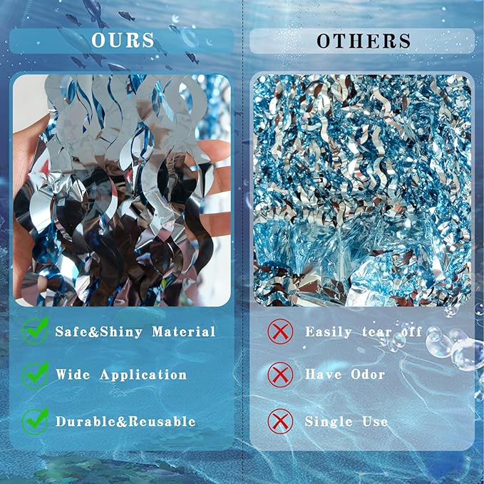Blue Wave Shaped Streamers Ocean Themed Tinsel Foil Fringe Curtain with Bubble Garlands for Beach Under The Sea Party Decorations (6.6 feet Curtain 6 Bubble Garlands)