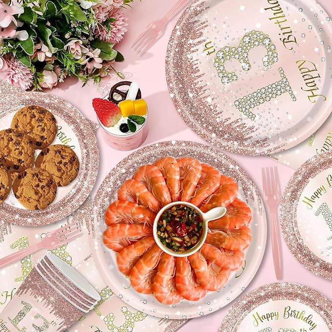 121Pcs 13th Birthday Party Supplies Plates Napkins Cups Forks Tablecloth Rose Gold Happy 13th Birthday Themed Disposable Tableware Decorations Serves 24 Guests for Girls Her 13 Years