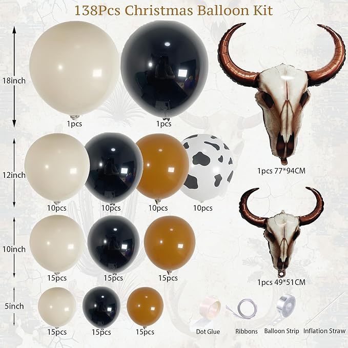 138Pcs Western Balloon Arch Garland Kit with Black Brown White Cow Print Bull Head Balloons for Cowboy Theme Party Backdrop, Boy Rodeo Birthday Decorations, Cow Head Balloon Garland