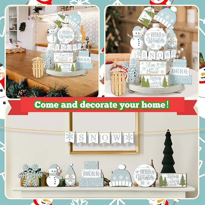 15 Pcs Winter Tiered Tray Decor Snowman and Snowflakes Wooden Signs Farmhouse Winter Tiered Tray Decorations Set Wood Table Decor for Holiday Home Kitchen