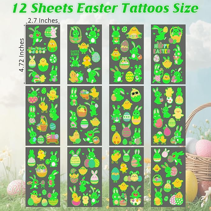 115 Pcs Easter Basket Stuffers, 12 Sheets Luminous Easter Tattoos for Egg Fillers, Fake Bunny Temporary Tattoos Stickers for Basket Crafts Decorations Gifts Egg Bags Fillers Party Favor