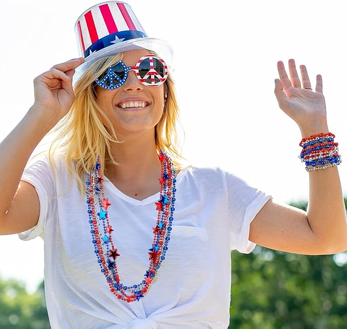 4th of July Accessories, 24PCS Fourth of July Patriotic Beads Necklaces Bulk, Independence Day Red Blue White Stars Round Beads, Patriotic Necklace for Parade Party Favors Decorations