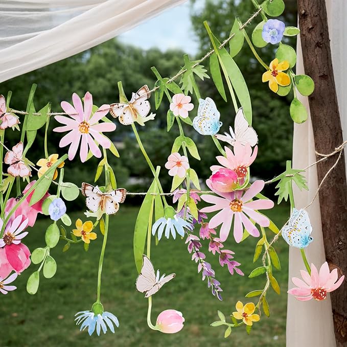 Wildflower Party Decorations Butterfly Flower Banner Flower Leaves Banner Butterfly Garland for Wall Garden Spring Baby Shower Wedding Backdrop Decor