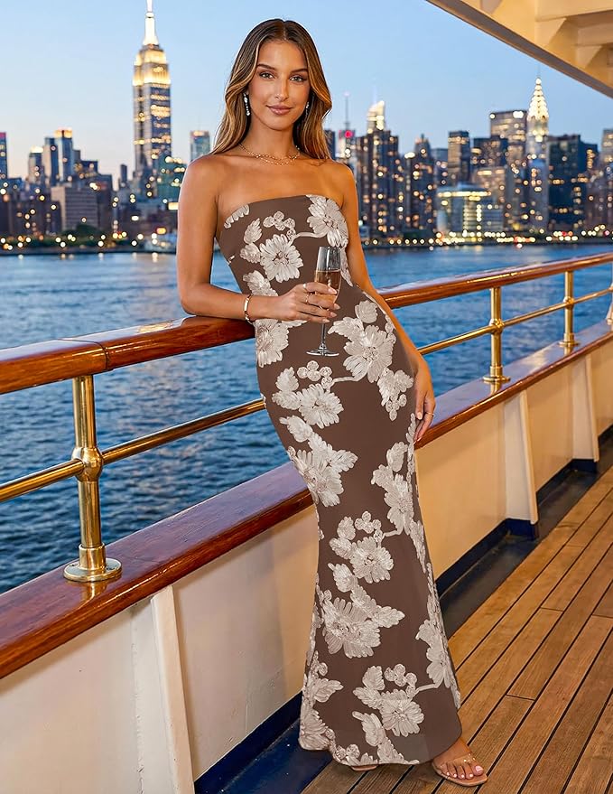 MEROKEETY Women's Floral Strapless Maxi Dress 2026 Summer Mesh Tube Bodycon Formal Wedding Guest Cocktail Party Long Dresses