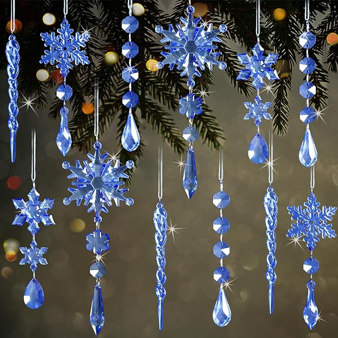 18pcs Crystal Christmas Ornaments for Christmas Tree Decorations-Royal Blue Hanging Acrylic Snowflake and Icicle Ornaments with Drop Pendants for New Year Party Decorations Supplies