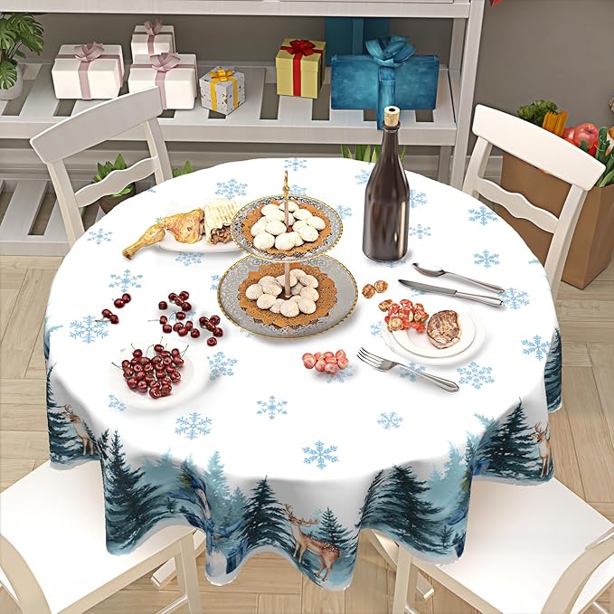 Christmas Reindeer Round Tablecloth Xmas Snowflake Pattern 70 Inch White Blue Table Cloth Winter Holiday Table Cover Washable Polyester Decor for Home Kitchen Dinning Party