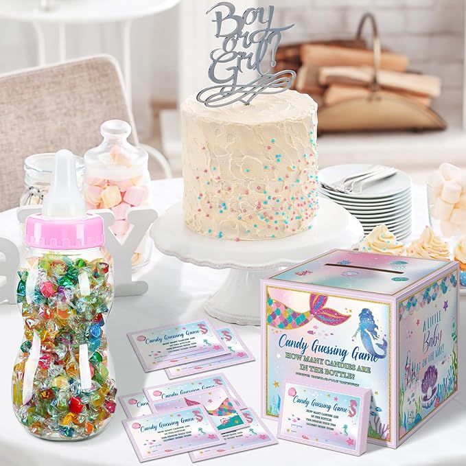 Glenmal 52 Pcs Baby Shower Games Gift Sets Large Baby Bottle for Shower Game Guess How Many Candies Decorations for Gender Reveal(Mermaid)