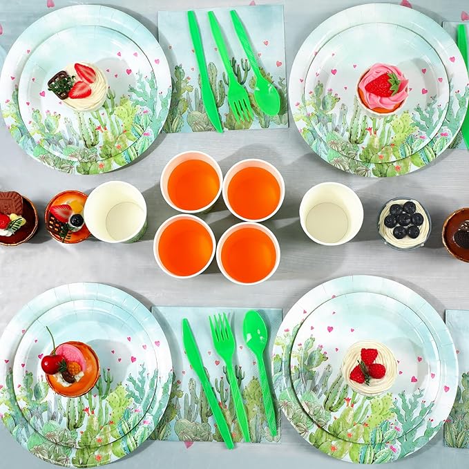 170 Pcs Cactus Party Decorations Supplies 24 Guest Cactus Party Set Disposable Tableware Paper Plate Cup Napkin Fork Knives Spoon for Fiesta Celebration Birthday Taco Decoration (Green)