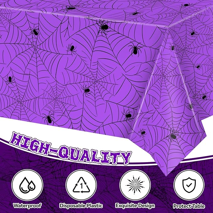 3Pcs Halloween Tablecloth - Spider Web Table Cloth, Plastic Disposable for Party Decorations 54" x 108" (Purple)