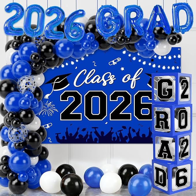 Graduation Decorations Class of 2026-123pcs Blue Black Graduation Party Decorations include Balloon Boxes with Letters, Balloon Arch Kit and Backdrop for 2026 Grad Party Supplies