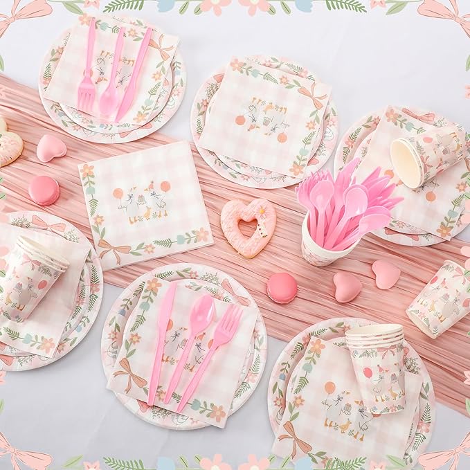 Havawish 175pcs One Silly Goose Birthday Party Tableware Set for 25 Guests - Pink Bow Decor - Includes Plates, Cups, Napkins, Forks, Spoons, Knives