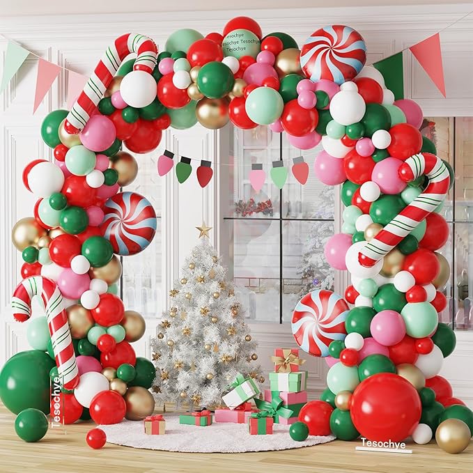 Christmas Balloon Garland Arch kit, 161 Pcs Red Green White Pink Metallic Gold Balloons Candy Cane Foil Balloons for Xmas Christmas Party Decorations Candy Theme Birthday Baby Shower Supplies