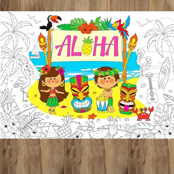 ZOIIWA Hawaiian Luau Coloring Poster for Giant Coloring Poster Large Aloha Tropical Coloring Tablecloth Jumbo Coloring Books for Home Birthday Party Supplies Favor 31.4 x 43.3 Inch