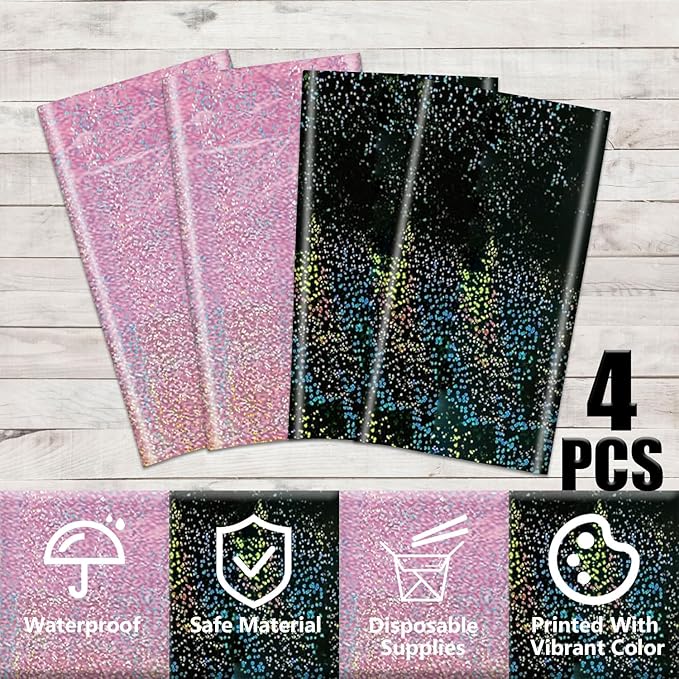 2Pcs Pink & 2Pcs Black Holographic Tablecloths Rectangular Pink and Black Iridescent Tablecloth Shimmer Metallic Table Covers for Hot Pink and Black Birthday Decorations, 54 x 108inch