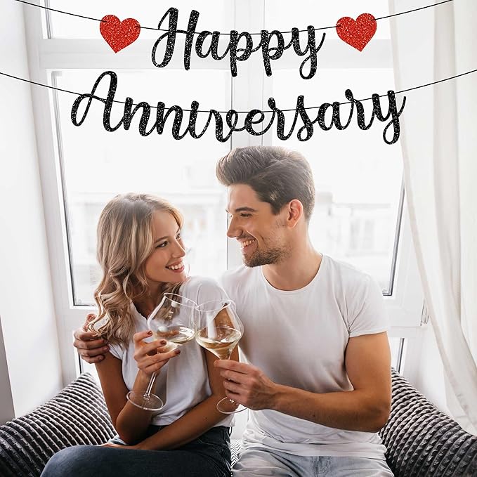 Pre-Strung Happy Anniversary Banner - No DIY - Black Glitter Wedding Anniversary Party Banner in Script - Pre-Strung Garland on 6 ft Strands - Wedding Decorations & Decor. Did We Mention No DIY