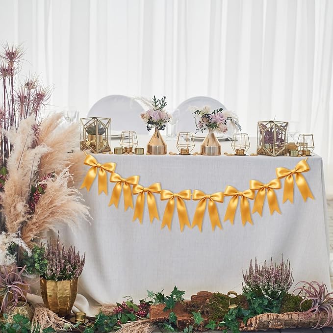 2 Strings of 16PCS Golden Bow Garlands Banner Decoration,Pre-Strung Satin Ribbon Ornaments for Birthday,Bachelorette Party,Bridal Shower,Wedding,Engagement,Baby Shower,Graduation Decor,Anniversary