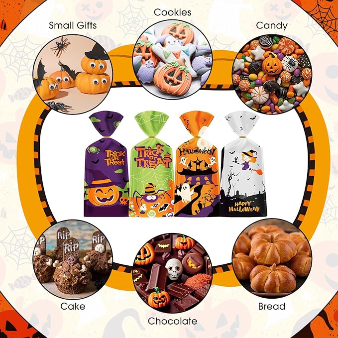 50 Pack Halloween Treat Bags - Plastic Halloween Goodie Bags, Happy Halloweens Candy Bag, Trick or Treat Snack Gift Cellophane Bags with Twist Ties for Kids Hallowen Party Birthday Supplies Favors