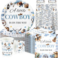 Hushee 200 Pcs a Little Cowboy Is on The Way Baby Shower Paper Plates Napkins Cups Baby Shower Party Supplies Tableware Set Cowboy Disposable Cup Napkin for 50 Guest Boy Girl Spring Decoration