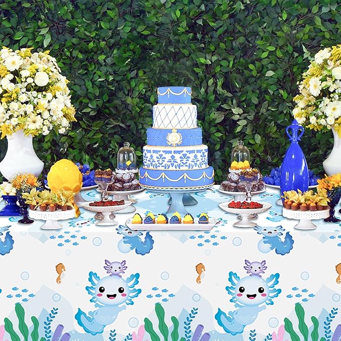 Axolotl Plastic Party Tablecovers - 3 Pack Blue Cartoon Axolotl Table Cover Decorations Disposable Waterproof Rectangle Plastic Tablecloths Rectangle Kids Birthday Baby Shower Camping Events