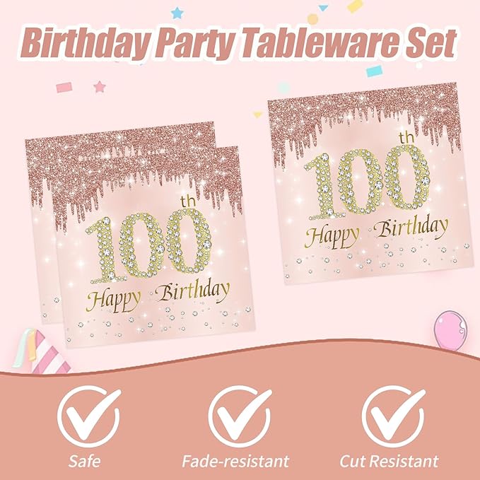 100th Rose Gold Birthday Plates and Napkins, 9 Inch Pink Rose Gold Disposable Dinner Dessert Plates Happy 100th Birthday Party Supplies Decorations for Girls Women
