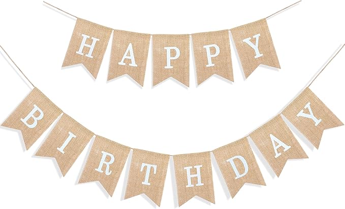 Uniwish Happy Birthday Burlap Banner Neutral Happy Birthday Party Decorations Boho Rustic Bunting Sign Swallowtail Flags, 2 in 1
