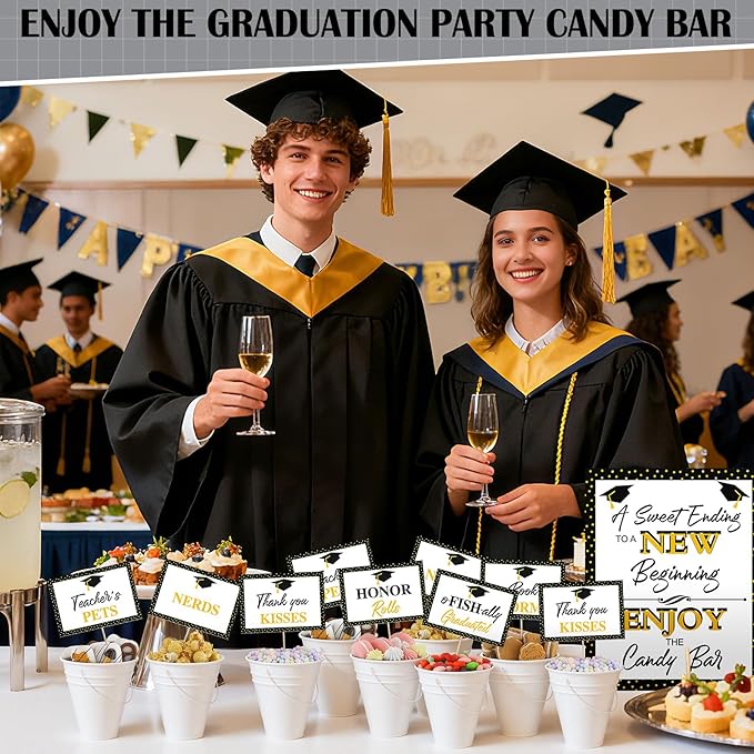 12 Set 2026 Graduation Candy Buffet Party Decoration Graduation Table Candy Bar Snack Labels Signs and 5'' Buckets with Handle for Class of 2026 Party Parties Supplies(Star Style,White)