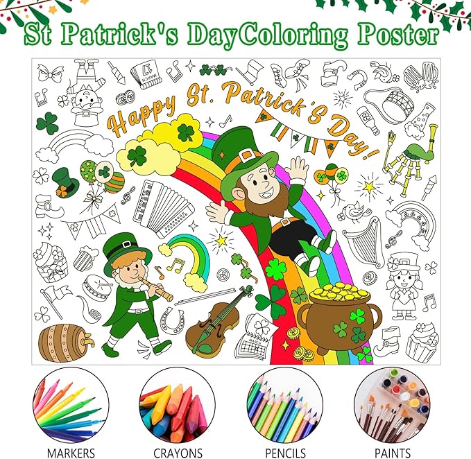 Labeol St Patricks Day Decorations Coloring Tablecloth for Kids Giant Coloring Poster Banner St Patricks Day Crafts Gifts for Kids Party Decor