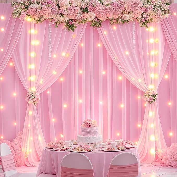 10 x 10ft Baby Pink Backdrop Curtains with Lights String for Girls Birthday Photo Backdrop Drapes Wrinkle Free Polyester Curtain Backdrop for Parties Wedding Reception Baby Shower Ceremony-5 x 10ft 2P