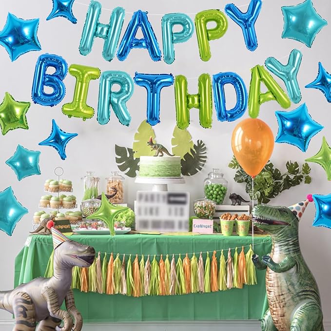 TONIFUL 35PCS Blue Green Happy Birthday Decorations Kit 16 Inch Happy Birthday Balloon Banner with Star Balloons Mylar Foil Birthday Party Decorations Supplies for Men Women Adults Girls Boys Kids